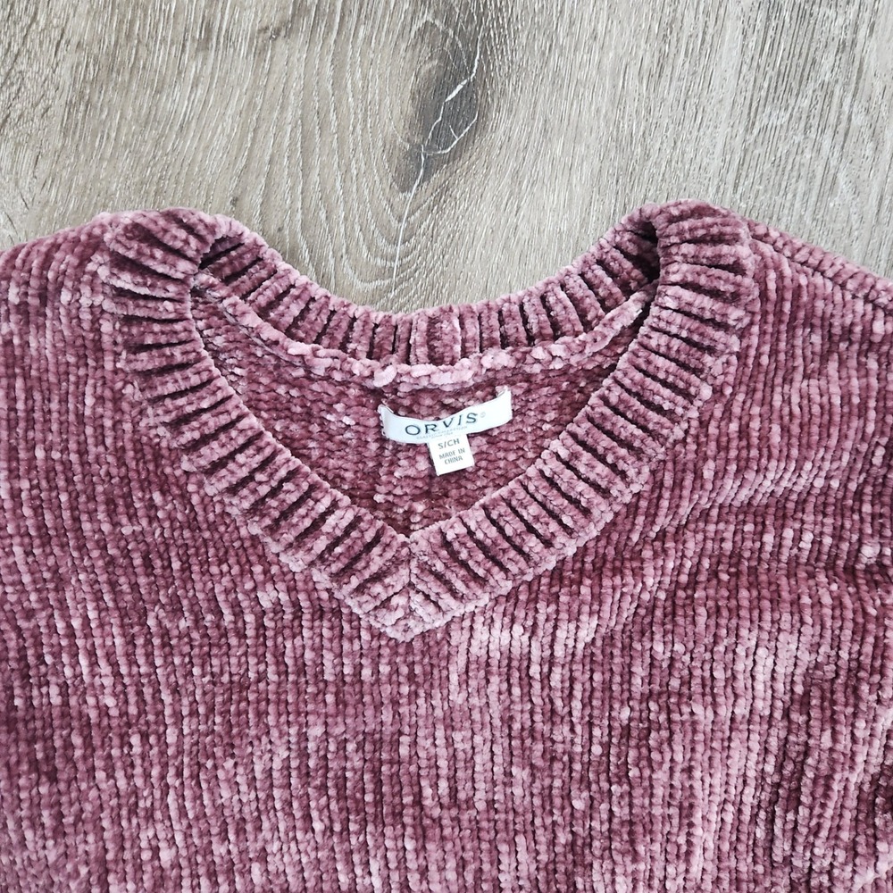 Orvis Women's Chenille V-Neck Sweater Purple Ribbed Knit Pullover Small - Picture 3 of 5